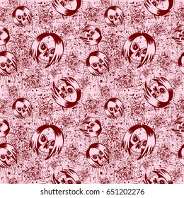 Vector illustration skull girl with hair and roses on grunge backdrop. Seamless pink background. For t-shirt design or print on textile.