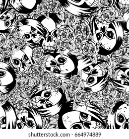 Vector illustration skull girl with hair and roses. Seamless black and white background. For t-shirt design or print on textile.
