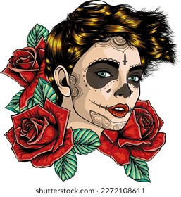 Vector illustration of skull girl with roses. Skull sugar flower.