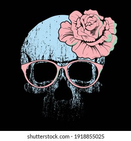 vector illustration of a skull with glasses and a large flower on his forehead isolated on black. Design for t-shirts or posters.