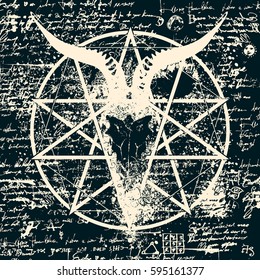 vector illustration with skull of goat and pentagram with splashes on the background of old papyrus with magical inscriptions and symbols