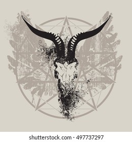 vector illustration with skull of goat and wings and pentagram with splashes and curls