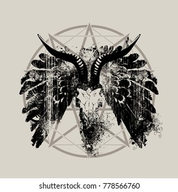 Vector illustration with skull of goat, wings and pentagram with splashes and curls in grunge style