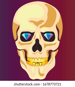 Vector illustration with skull and golden teeth and dimonds on the gradient background