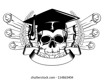 Vector  illustration skull in graduation cap and scrolls