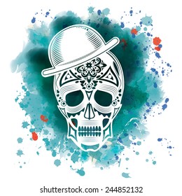 Vector illustration of a skull in graphic style on a bright watercolor background, eps 10