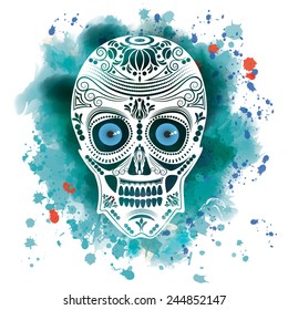 Vector illustration of a skull in graphic style on a bright watercolor background, eps 10