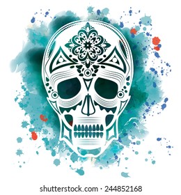 Vector illustration of a skull in graphic style on a bright watercolor background, eps 10