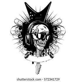 Vector illustration skull and guitar on grunge background. Skull with sunglasses and earphone. Design hard rock sign for t-shirt or poster print