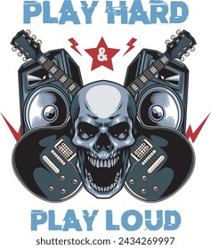 Vector Illustration of Skull, Guitars and Active Speakers with Hand Drawing Style Available for Tshirt Design