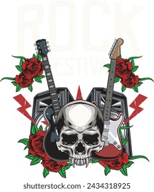 Vector Illustration of Skull, Guitars, Roses and Active Speakers with Hand Drawing Style Available for Tshirt Design