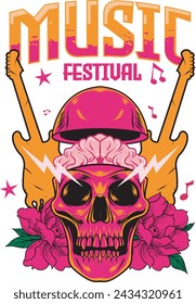 Vector Illustration of Skull, Guitars and Roses with Hand Drawing Style Available for Tshirt Design