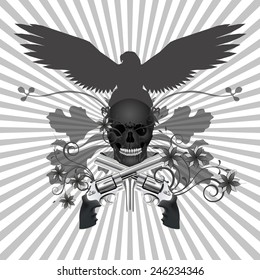 vector illustration skull with guns and flowers