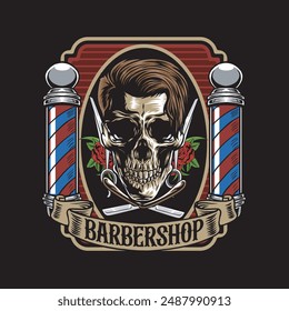 Vector Illustration of Skull with Hair, Barber's Pole, Scissors and Razor Blade with  Vintage Illustration Available for Barber Badge