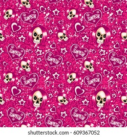 Vector illustration skull with hair. Hearts with inscription love and stars. Seamless background. For t-shirt design or print on textile.