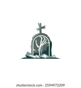 vector illustration of skull hand appears in front of gravestone