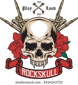 Vector Illustration of Skull, Hand Bones and Roses with Hand Drawing Style Available for Logo Badge