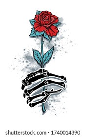 Vector illustration of skull hand holding rose.