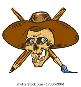 Vector illustration of a skull in a hat. The skull of the artist. Cheerful skull with a pencil and brush.