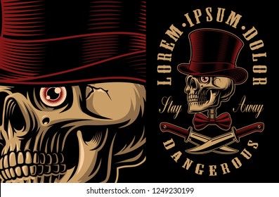 Vector illustration of a skull in hat with crossed knifes. T-shirt design. All elements, colours, text are on the separate groups.