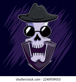 vector illustration skull with hat, face, animated comic, purple colors,	