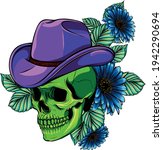 Vector illustration of skull with hat and flower