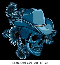 Vector illustration of skull with hat and flower