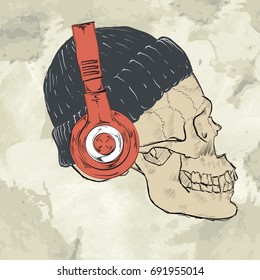 Vector illustration. Skull in a hat and orange headphones.