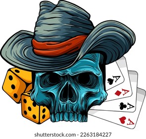 vector illustration of skull with hat and poker ace