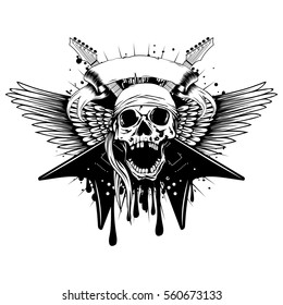 Vector illustration skull in hat, sheriff star and crossed rifle on old grunge paper. Lettering american cowboys.