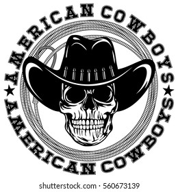 Vector illustration skull in hat, sheriff star and crossed rifle on old grunge paper. Lettering american cowboys.