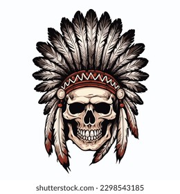 Vector illustration of skull head aborogin apache native american indian face with feather hat traditional ethnic culture
