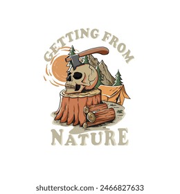 Ilustración vectorial de cabeza de cráneo talando un árbol, vintage, diseño de camiseta, aislado sobre fondo blanco