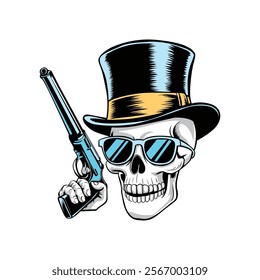 Vector Illustration of skull head with a gun for tshirt design 