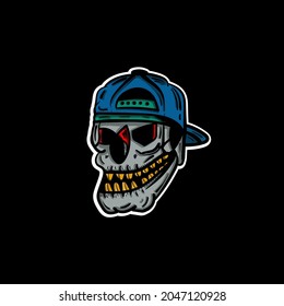 Vector illustration of Skull Head with hat and black background.