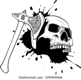 vector illustration of skull head murdered by ax