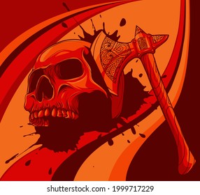 vector illustration of skull head murdered by ax