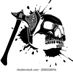 vector illustration of skull head murdered by ax