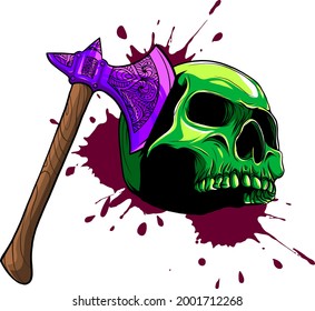 vector illustration of skull head murdered by ax