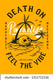 Vector illustration of skull head on tropical palm beach paradise island with typography element