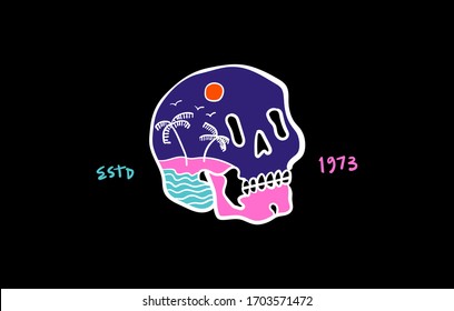 Vector illustration of skull head on tropical palm beach paradise island