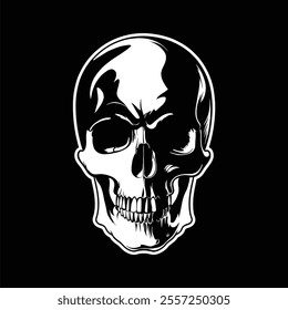 Vector illustration of a skull head with sharp details, using a black and white color scheme to create a strong contrast. The design features deep eye sockets, a prominent jawline, and detailed teeth.