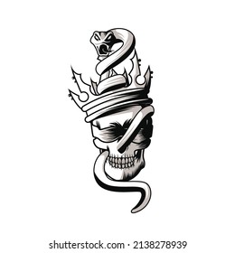 Vector illustration of skull head wearing a crown and wrapped in a snake for your company or brand