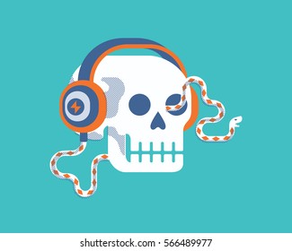 Vector illustration of skull with headphones as snake.