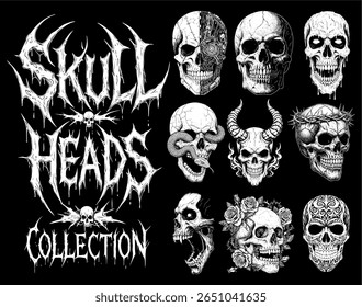 Vector illustration of Skull Heads Collection featuring various skull designs with horns, thorns, flowers, and stylized forms. Artistic dark art concept with mixed symbolism and visual diversity