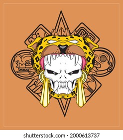 
Vector illustration of skull with helmet of an ancient jaguar warrior of the pre-Hispanic Mexican culture that lived in central Mexico.