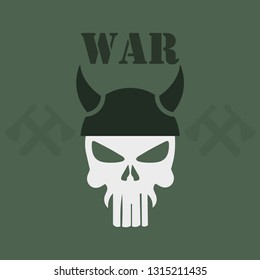 Vector illustration of a skull in a helmet, the inscription war, khaki, axes