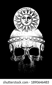 vector illustration of a skull with helmet and sun symbol on black background. Design for t-shirts or posters.