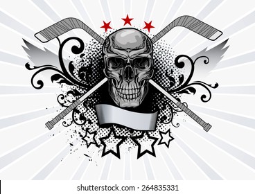 Vector illustration of a skull with hockey sticks