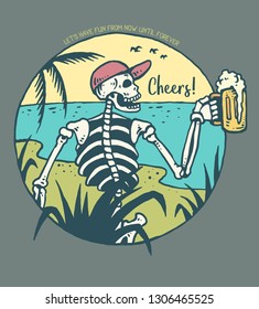 Vector illustration of skull holding a glass of beer with beautiful ocean and beach scenery background